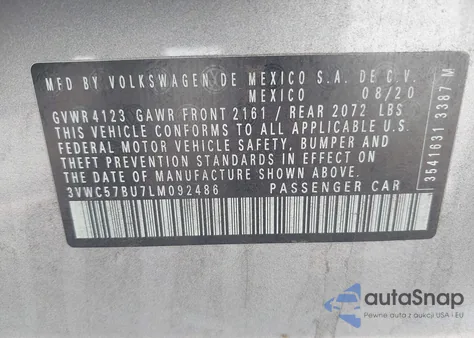 2020 Volkswagen Jetta 1.4T R-Line/1.4T S/1.4T Se z USA, uszkodzony, nr VIN 3VWC57BU7LM092486